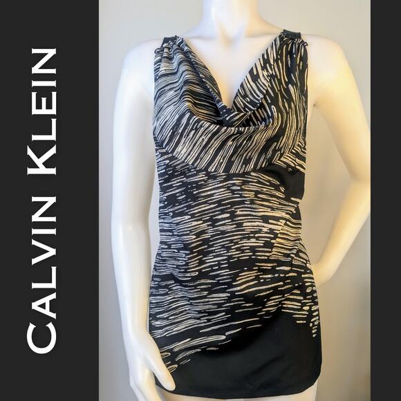 Calvin Klein Sleeveless Blouse Large Draped Neck Black Gray Flowy Career Dressy - Picture 1 of 9